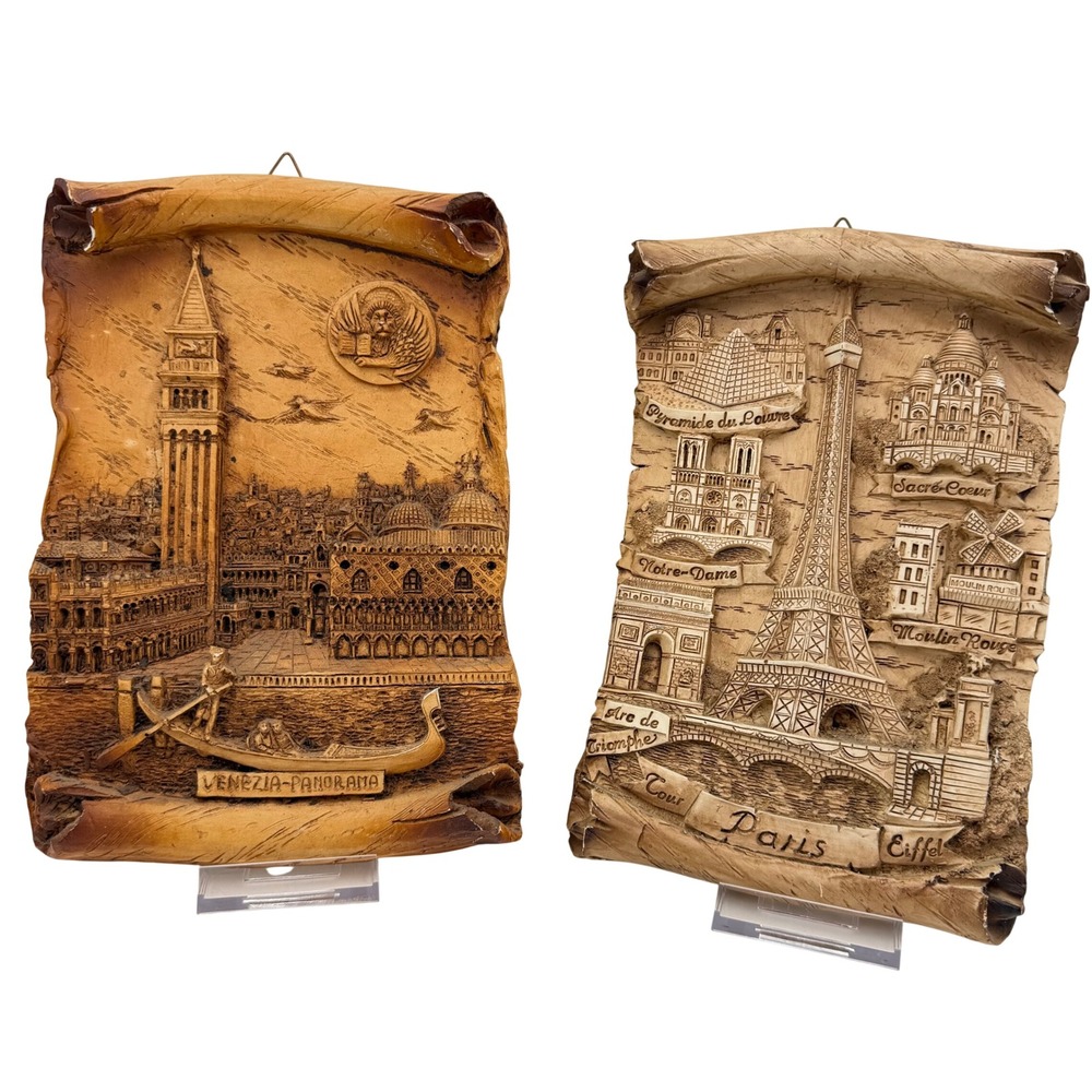 Vintage Paris Venice 3D‎ Relief Scroll Wall Plaques Set of 2 European Landmarks